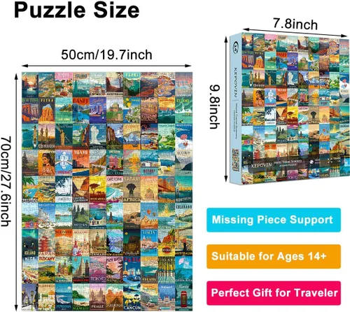 Miniatura 2 de Rompecabezas para Adultos 1000 Piezas Viaje Vintage al Mundo, Rompecabezas de Poster de Paisajes Puntuales del Mundo, Rompecabezas de 1000 Piezas