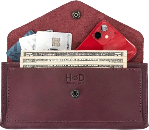 Miniatura 9 de Hide & Drink, Cartera grande de cuero para mujer, organizador de dinero, billetes planos, bolsa, estuche, elegante, hecho a mano, Bourbon Marrón