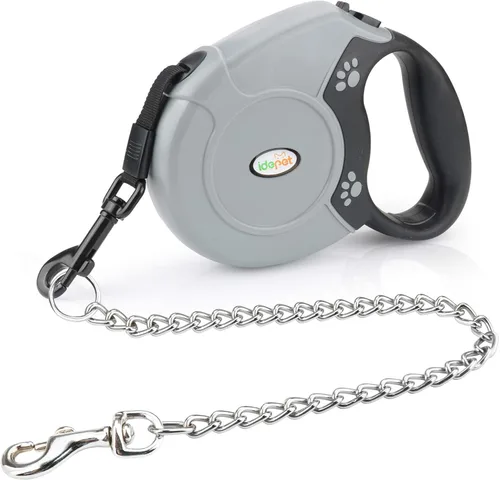 Miniatura 12 de Idepet Correa retráctil resistente para perros pequeños y medianos, cadena de acero antimasticación de 360 grados sin enredos, sistema de bloqueo