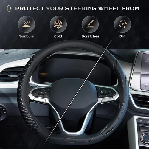 Miniatura 6 de Coverado Funda para volante de automóvil, fundas para volante de cuero napa negro, universal de 14-15 pulgadas, antideslizante, protector de volante