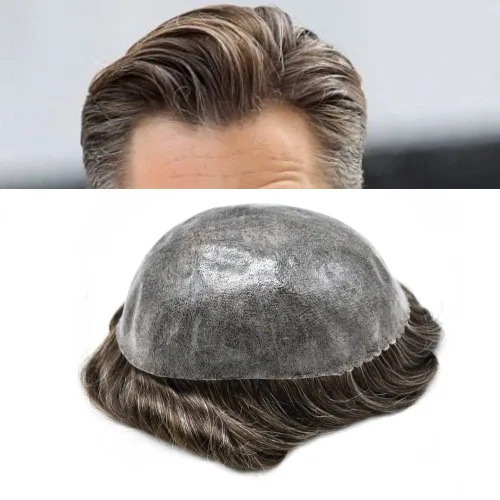 Miniatura 19 de Toupee para hombres Sistema de reemplazo de cabello humano Full Poly Mens Toupee Hairpiece inyectado PU peluca para hombre sistemas de cabello 1B#