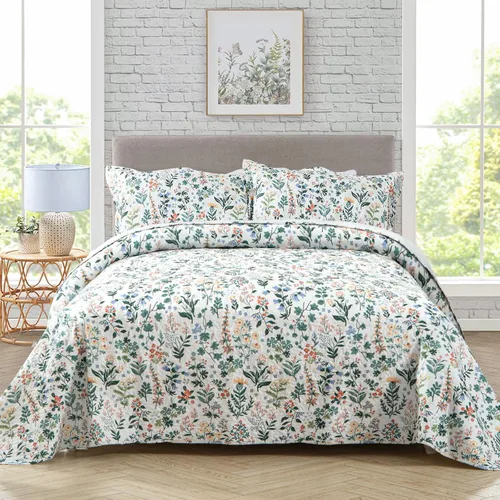 Miniatura 28 de Travan Juego de Edredón de 3 Piezas Tamaño King Colcha Acolchada Ligera Juego de Cubrecama Reversible con Estampado Floral Juego de Ropa de Cama