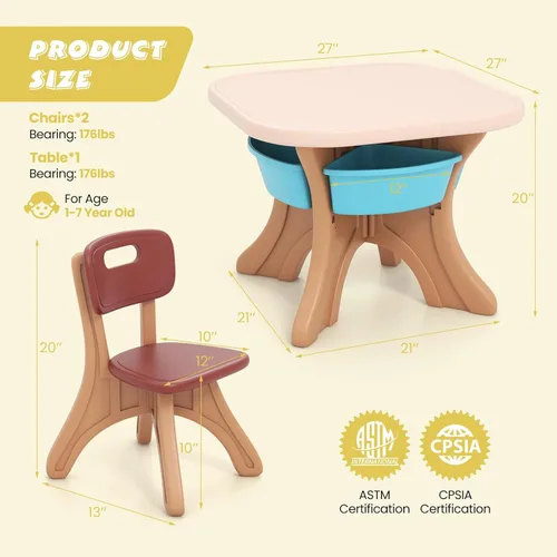 Miniatura 4 de DORTALA Juego de mesa y silla para niños, mesa de actividades de plástico para niños y 2 sillas con cubos de almacenamiento, mesa y sillas para Café