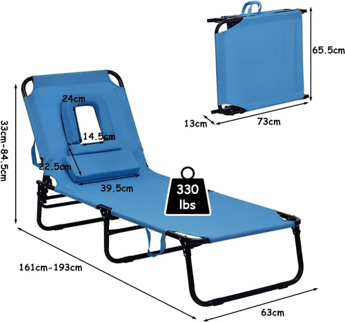 Miniatura 3 de Sillón plegable de playa con 5 respaldos ajustables y almohada acolchada, tumbona para tomar el sol, silla plana de bronceado para cubierta de Azul