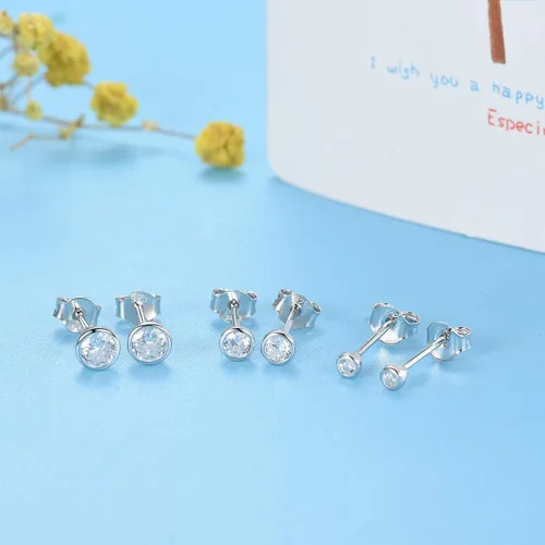 Miniatura 6 de Aretes tipo dormilona de plata esterlina para mujeres, hombres, niñas. 3 pares de pequeños aretes redondos de circonita cúbica con circonita cúbica