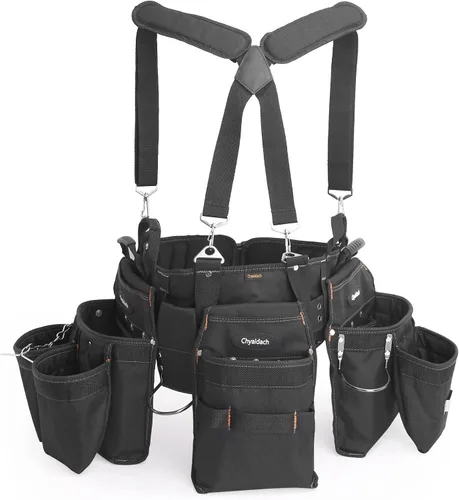 Chyaidach Cinturones de herramientas de 16 bolsillos para hombre con tirantes, bolsas desmontables y ajustables y cinturón de herramientas con