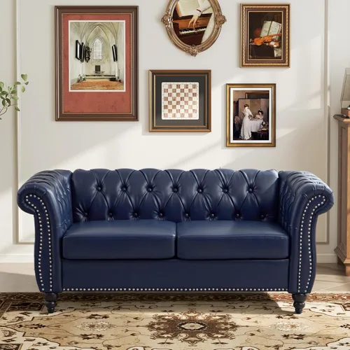 Miniatura 27 de LEVNARY Sillón tapizado de cuero, moderno sofá individual de mediados de siglo con brazos enrollados y cabeza de clavo, silla Chesterfield de piel