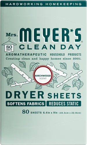 MRS. MEYER'S CLEAN DAY - Hojas para secadora, suavizante de telas, reduce la estática, infundida con aceites esenciales, madera de abedul, 80
