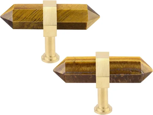 Miniatura 6 de 2 pomos hexagonales de cristal amatista para cajones con tornillos, barra en T, tiradores de piedra de latón cepillado para gabinete, cocina