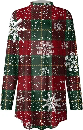 Miniatura 2 de Christmas Shirts, Women's Cute Tunic Long Sleeve Blouse Daily High Neck Fashion Button Christmas Print T-Shirt Tops