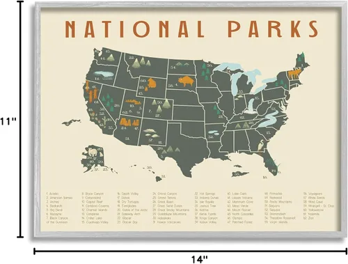 Miniatura 7 de Stupell Industries Mapa de aventuras de parques nacionales de Estados Unidos verde y naranja, diseñado por Daphne Polselli - Arte de pared enmarcado