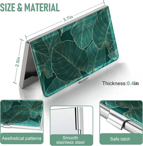Miniatura 3 de Swooflia Funda para tarjetas de visita para hombres y mujeres, de metal verde con hojas tropicales tropicales, monedero delgado de bolsillo, fundas