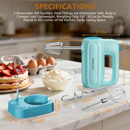 Miniatura 5 de BAIGELONG Batidora eléctrica de mano, mezclador de cocina de 5 velocidades con 5 accesorios de acero inoxidable 304 + base de almacenamiento, Azul