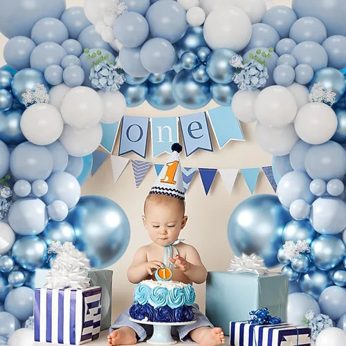 Miniatura 4 de Kit de arco de globos color azul polvoriento, 134 piezas de kits de guirnaldas de globos metálicos azules y blancos para cumpleaños, boda, baby Azul