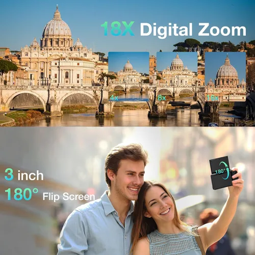 Miniatura 5 de Cámara digital 5K para fotografía, cámara de vlogging WiFi de 75MP para YouTube con pantalla abatible de 180° de 3 pulgadas, cámara de video