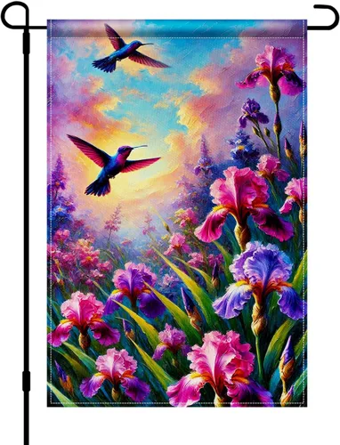 BlissYard Bandera de jardín de primavera de 12 x 18 pulgadas, doble cara de colibrí, iris, pintura floral, patio, al aire libre, colorido,