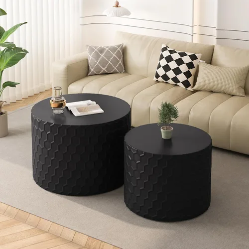 Miniatura 14 de Moderna mesa auxiliar anidable, mesa auxiliar redonda de madera, juego de 2 para espacios pequeños, sala de estar, color negro