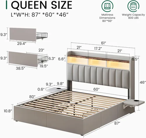 Miniatura 2 de BRELTAM Base de cama Queen con cabecero, 4 cajones de almacenamiento y escritorio ajustable integrado, estación de carga, fácil montaje, no necesita