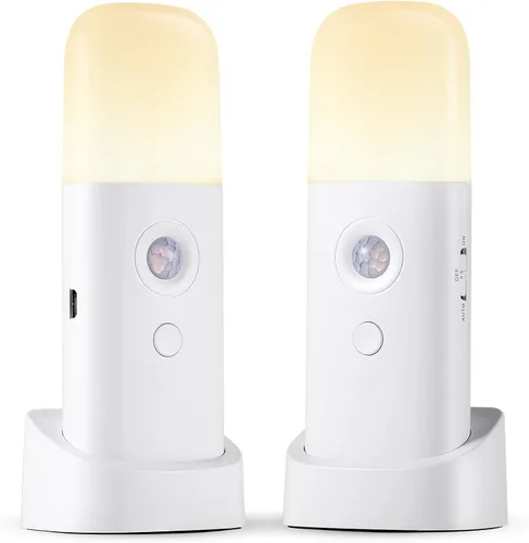 CREWEEL Luz nocturna recargable con sensor de movimiento, luces nocturnas que funcionan con pilas, luz regulable con sensor de movimiento para