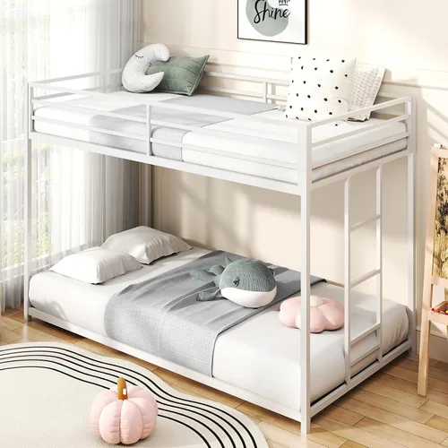 Miniatura 11 de Zevemomo - Litera de cama individual sobre cama matrimonial, literas de metal de bajo perfil con barandilla de seguridad de longitud completa