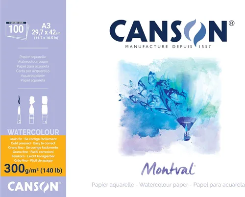 Canson Montval - Bloc de papel de práctica de acuarela de 10.58 oz/m², incluye 100 hojas, tamaño: A3, blanco natural y prensado en frío (no)
