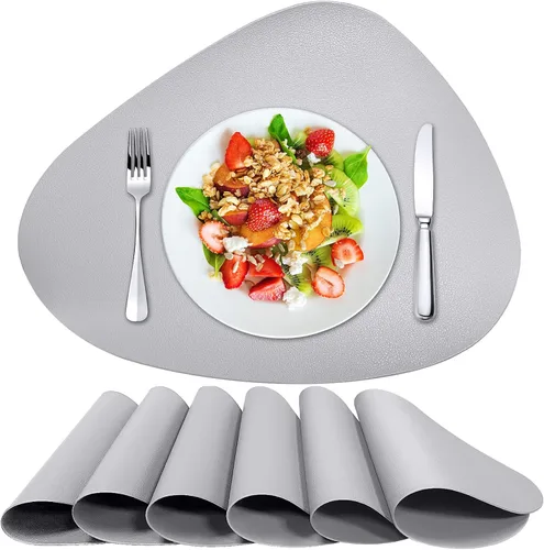 Herda Juego de 6 manteles individuales para mesa de comedor, de piel sintética, lavables, manteles individuales para mesa redonda, para cocina, Gris