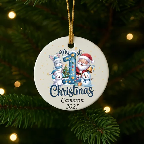 Miniatura 3 de Adorno personalizado de mi primera Navidad 2025 – Recuerdo redondo de cerámica con nombre personalizado – Decoración de árbol de Navidad para bebés