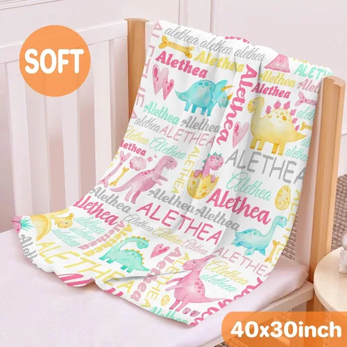Miniatura 4 de Manta personalizada con nombre de bebé, dinosaurios, regalo para bebés y niñas, manta de franela suave para recién nacidos, manta cómoda y acogedora