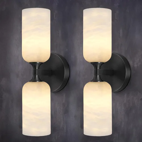 Miniatura 13 de Apliques de pared de alabastro español natural de 12 pulgadas, modernas luces doradas de latón para espejo de baño, lámpara de pared E12 con Latón