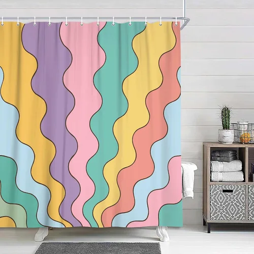 Miniatura 7 de Neutral Muted Earth Tone Wavy Shower Curtain Mid Century Modern Sage Taupe Blush Abstract Boho Bathroom Curtain Set with Hooks 36x72 Inch