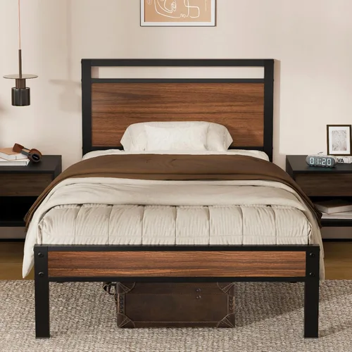 Miniatura 19 de Z-hom Cama de plataforma de metal resistente de fácil montaje, marco de cama tamaño Queen con cabecero y estribo, soporte antideslizante y Marrón