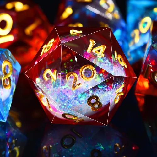 Miniatura 12 de AUSTOR Juego de dados DND de resina de núcleo líquido, de borde afilado poliédricos, juego de 7 dados DND de arena movediza hechos a mano de resina