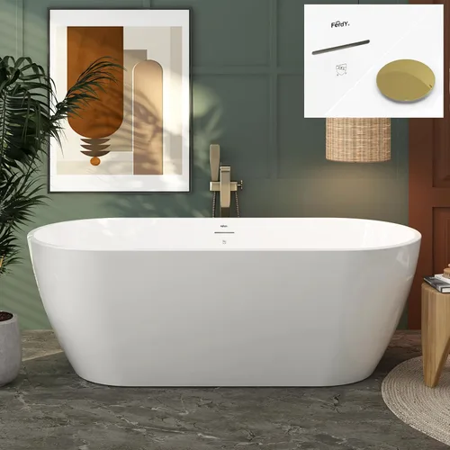 Miniatura 40 de FerdY 59" Bañera de acrílico independiente Bali Elite, bañera independiente de inmersión con forma elegante, certificada cUPC, desagüe negro Toe-Tap