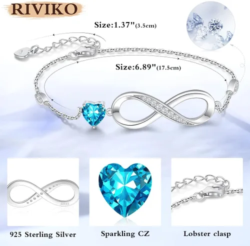 Miniatura 5 de RIVIKO Pulsera con dije de símbolo de corazón de amor infinito para mujer, plata de ley 925, ajustable, cumpleaños, día de San Valentín, Navidad