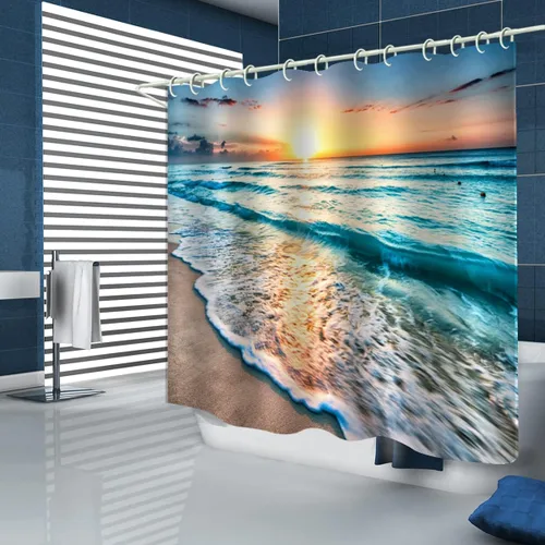 Miniatura 9 de LYFANS El baño tiene una cortina de ducha de playa al atardecer y la bañera tiene una lujosa cortina de ducha estándar. Cortina de ducha de tela