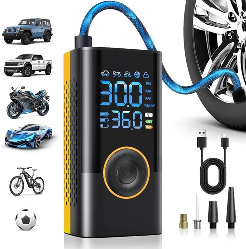 Miniatura 8 de Inflador de neumáticos, compresor de aire portátil, inalámbrico, mini bomba de aire con medidor de presión digital, inflador de 150 PSI, inflado