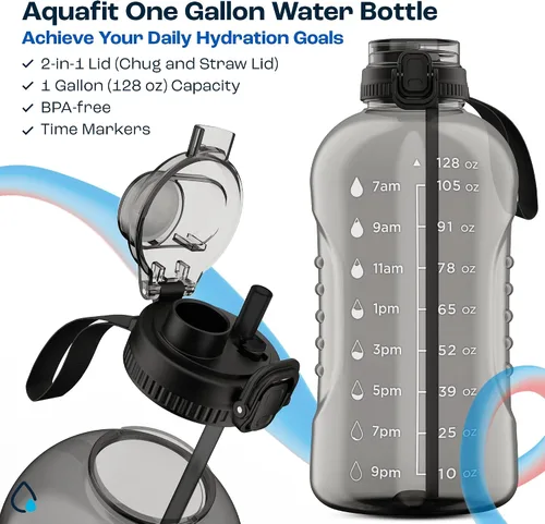Miniatura 2 de AQUAFIT Botella de agua de 128 onzas con marcador de tiempo, popote 2 en 1 y tapa para beber, botella de agua grande para gimnasio sin BPA