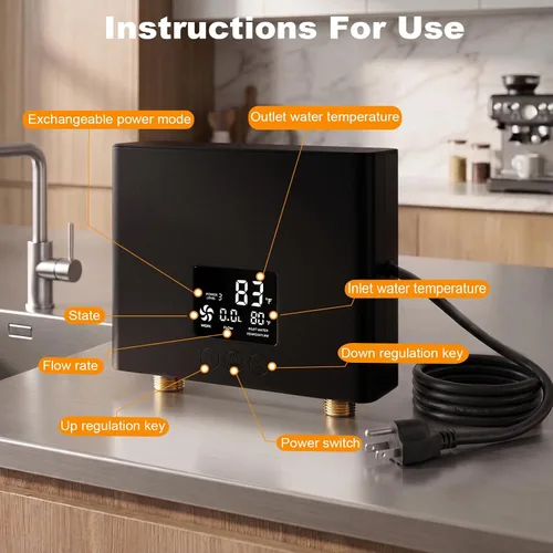 Miniatura 4 de Calentador de agua eléctrico sin tanque 3000 W 110 V Temperatura constante Calentador de agua caliente instantáneo con control remoto Pantalla Negro