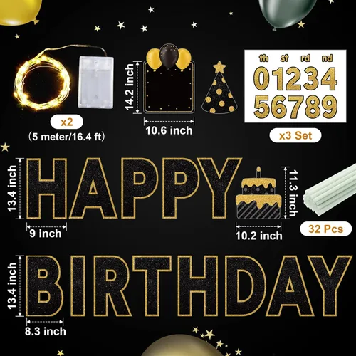 Miniatura 3 de Yerliker 16 piezas de carteles de feliz cumpleaños para patio con estacas, luces LED de 32.8 pies, 42 piezas de adhesivos numéricos, carteles