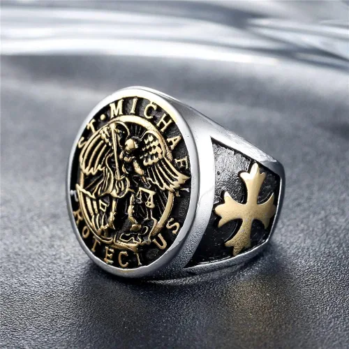 Miniatura 2 de Anillo de acero inoxidable para hombre, arcángel católico, San Miguel, talla 7-15