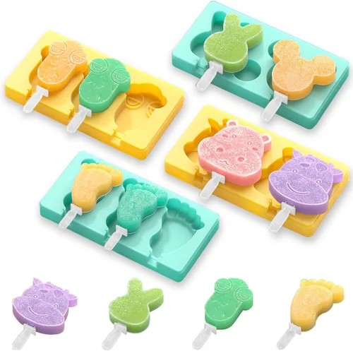 Miniatura 7 de Moldes de Paletas de Dibujos Animados para Niños - Paquete de 4, Moldes de Helados de Silicona Grado Alimenticio de 10 Cavidades, con Palitos
