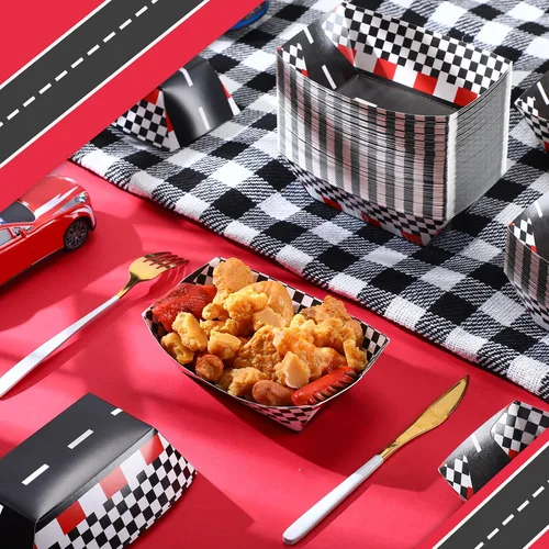 Miniatura 5 de Havawish 50 bandejas de papel de carreras, bandejas de comida a cuadros para nachos, desechables, para fiestas de carreras, barco, bandeja de servir