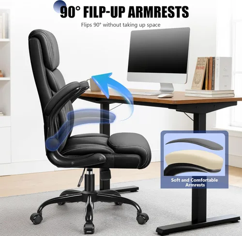 Miniatura 3 de Primy Silla de oficina, silla de escritorio ergonómica de cuero con reposabrazos abatibles, respaldo alto grande y alto, silla ejecutiva para Negro