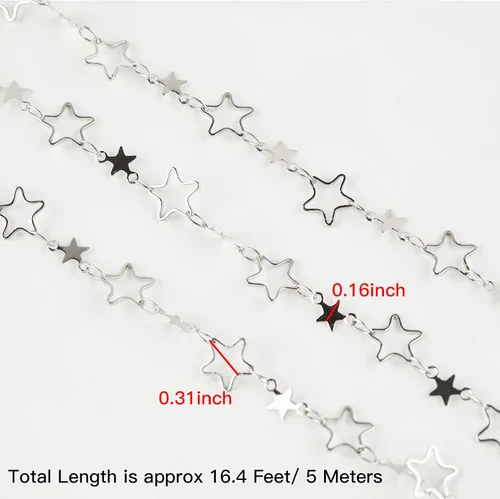 Miniatura 3 de YOUBEIYEE Cadena de 16.4 pies / 16.4 ft para hacer joyas, cadena de eslabones huecos de latón chapado en plata con forma de estrella hueca, collar
