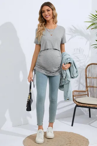 Miniatura 4 de Sosolism 4 in 1 Women's Maternity Nursing Dress for Breastfeeding Short Sleeve Side Drawstring Top