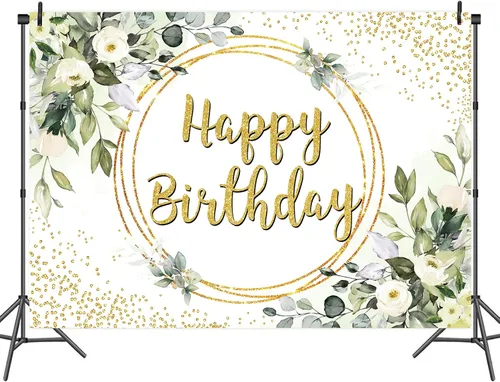 Miniatura 4 de Telón de fondo verde de feliz cumpleaños, suculenta y hojas verdes de eucalipto doradas, fondo de fotografía de selva, niños, niñas, mujeres, baby