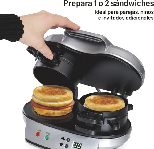 Miniatura 2 de Hamilton Beach Sandwichera doble para desayuno con temporizador, lista en 5 minutos, anillo para cocinar huevos antiadherente libre de PFAS, apto