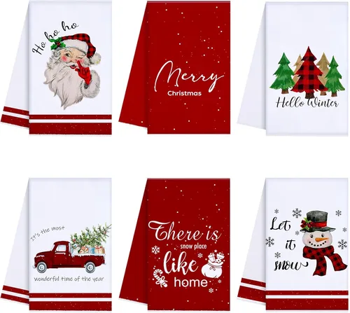 Miniatura 12 de Oudain Juego de 6 paños de cocina de Navidad, toalla de cocina de Navidad, búfalo azul, a cuadros, alce, muñeco de nieve, casa de nieve, camión