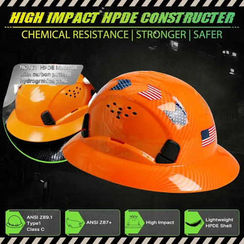 Miniatura 2 de Casco duro de ala completa con patrón de fibra de carbono con visera, casco de seguridad de construcción aprobado por la OSHA para hombres y Fibra