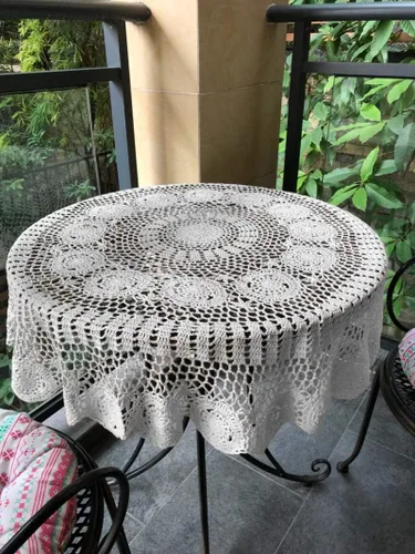 Miniatura 4 de Damanni Mantel de encaje de ganchillo hecho a mano de algodón blanco para mesa, redondo, 35 pulgadas